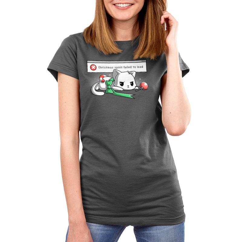 Premium Cotton T-shirt_TeeTurtle charcoal gray Christmas Spirit Failed To Load apparel featuring a grumpy white cat with Christmas ornaments stacked on it, and an error message in the background saying, “X Christmas Spirit Failed To Load”.