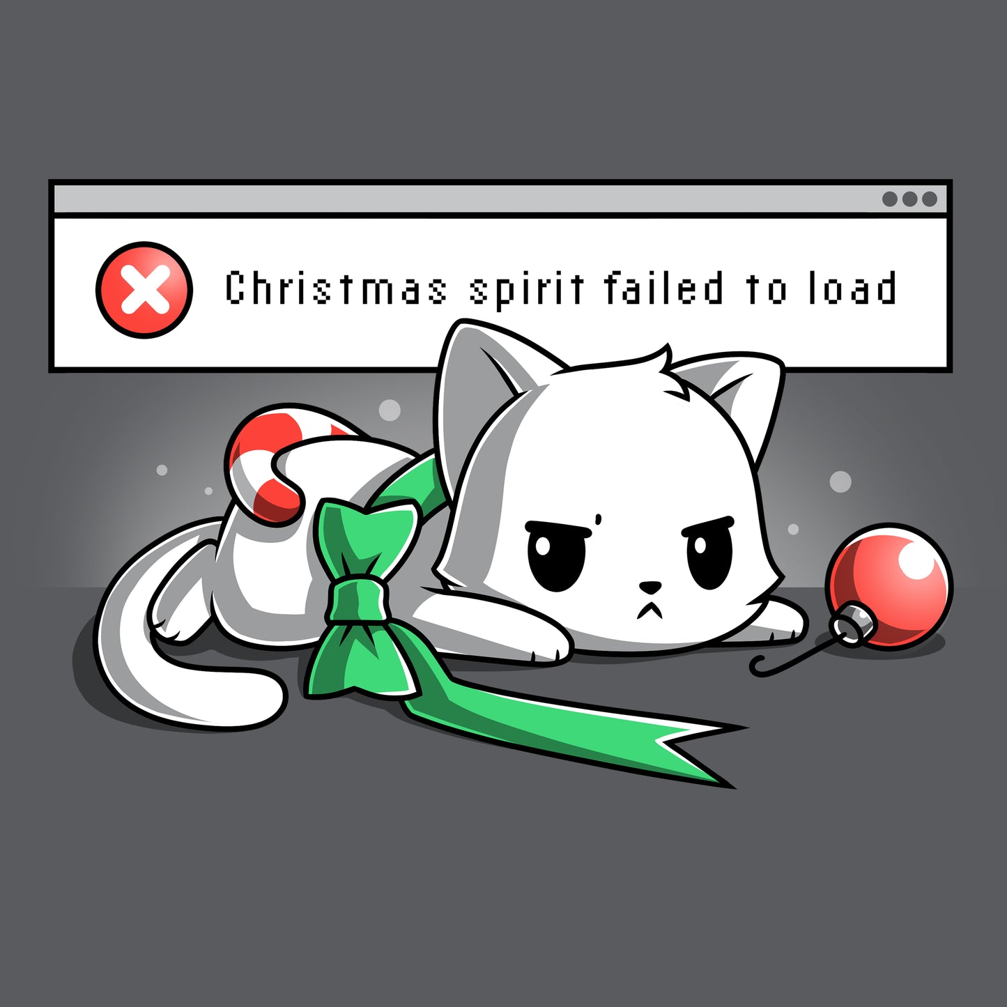 Premium Cotton T-shirt_TeeTurtle charcoal gray Christmas Spirit Failed To Load apparel featuring a grumpy white cat with Christmas ornaments stacked on it, and an error message in the background saying, “X Christmas Spirit Failed To Load”.
