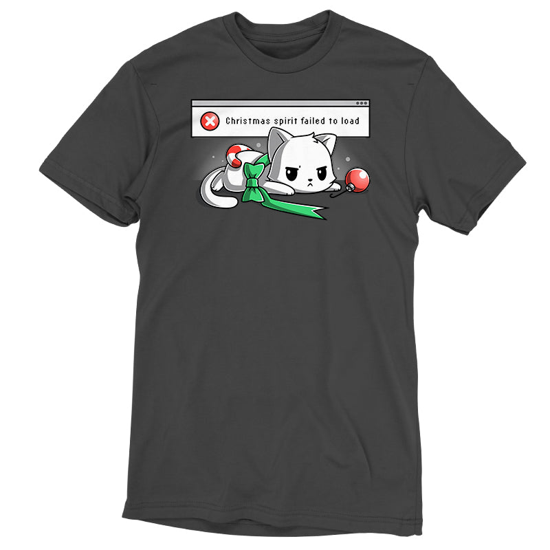 Premium Cotton T-shirt_TeeTurtle charcoal gray Christmas Spirit Failed To Load apparel featuring a grumpy white cat with Christmas ornaments stacked on it, and an error message in the background saying, “X Christmas Spirit Failed To Load”.