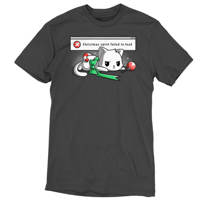 Premium Cotton T-shirt_TeeTurtle charcoal gray Christmas Spirit Failed To Load apparel featuring a grumpy white cat with Christmas ornaments stacked on it, and an error message in the background saying, “X Christmas Spirit Failed To Load”.