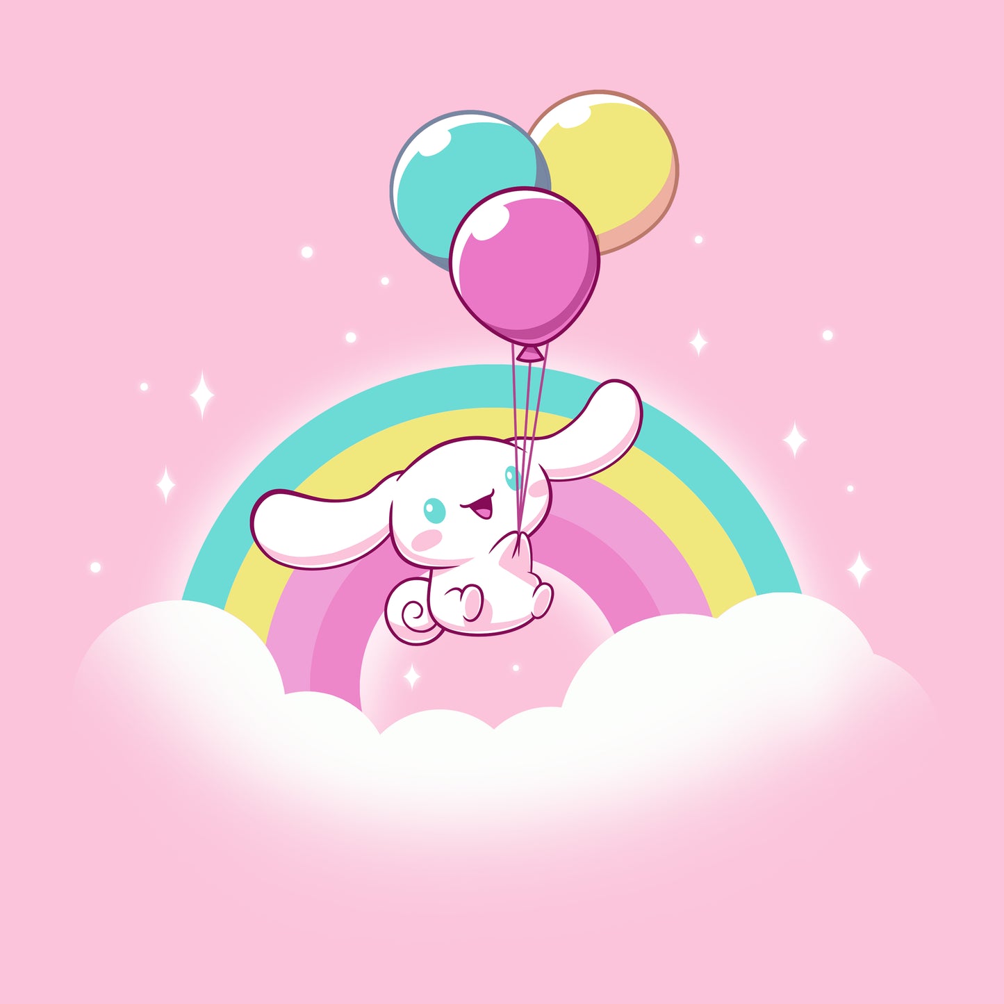Premium Cotton T-shirt_TeeTurtle light pink Cinnamoroll Takes Flight apparel featuring Cinnamoroll floating in the clouds with a teal, yellow, and pink rainbow in the background, and holding onto balloons in the same colors as the rainbow.