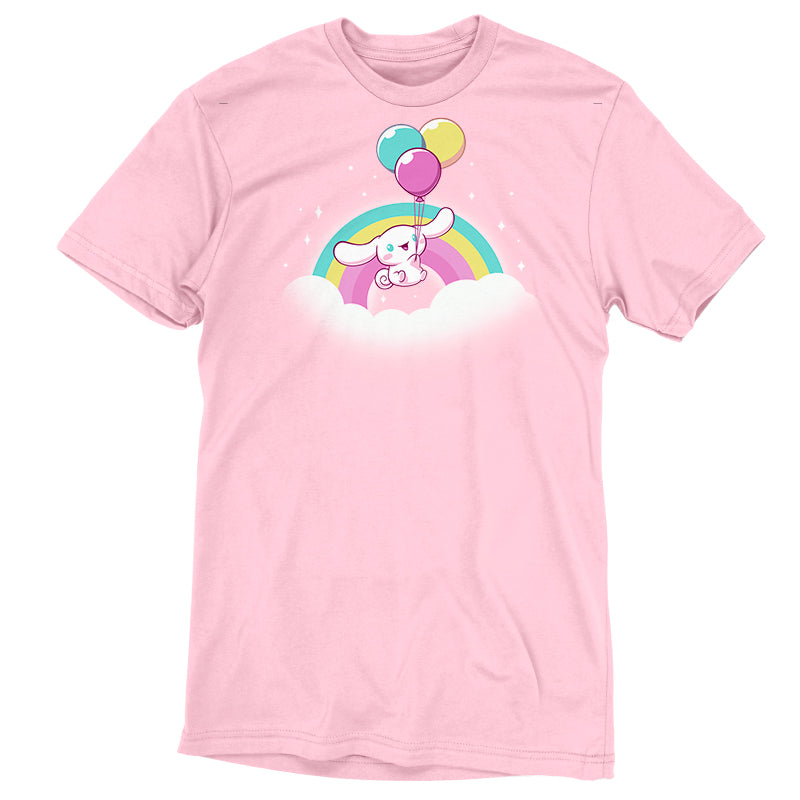 Premium Cotton T-shirt_TeeTurtle light pink Cinnamoroll Takes Flight apparel featuring Cinnamoroll floating in the clouds with a teal, yellow, and pink rainbow in the background, and holding onto balloons in the same colors as the rainbow.