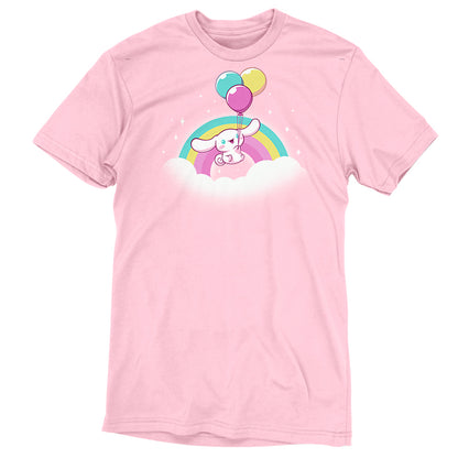 Premium Cotton T-shirt_TeeTurtle light pink Cinnamoroll Takes Flight apparel featuring Cinnamoroll floating in the clouds with a teal, yellow, and pink rainbow in the background, and holding onto balloons in the same colors as the rainbow.
