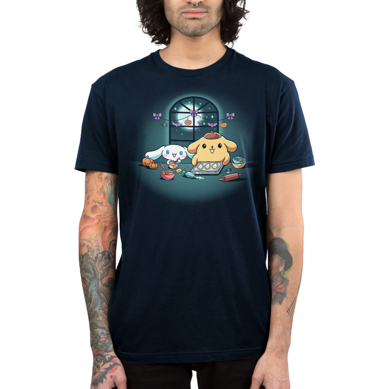 Premium Cotton T-shirt_TeeTurtle navy blue Cinnamoroll and Pompompurin's Halloween Baking apparel featuring Cinnamoroll and Pompompurin baking ghost cookies with pumpkins and Halloween hanging decoration in the back on top of the window that looks out to the full moon and stars.