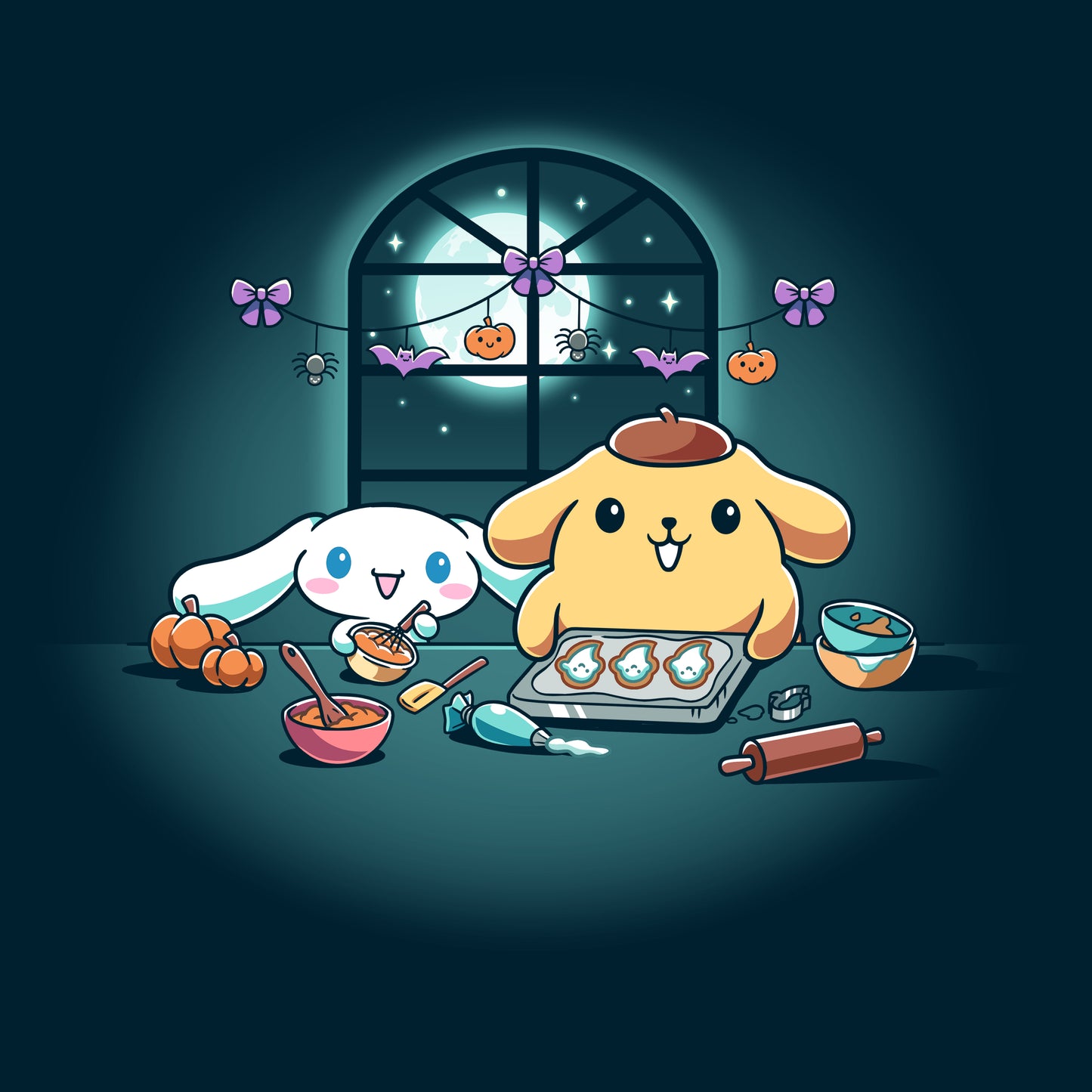 Premium Cotton T-shirt_TeeTurtle navy blue Cinnamoroll and Pompompurin's Halloween Baking apparel featuring Cinnamoroll and Pompompurin baking ghost cookies with pumpkins and Halloween hanging decoration in the back on top of the window that looks out to the full moon and stars.