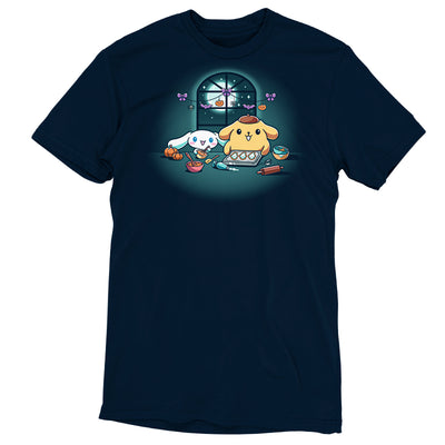 Premium Cotton T-shirt_TeeTurtle navy blue Cinnamoroll and Pompompurin's Halloween Baking apparel featuring Cinnamoroll and Pompompurin baking ghost cookies with pumpkins and Halloween hanging decoration in the back on top of the window that looks out to the full moon and stars.