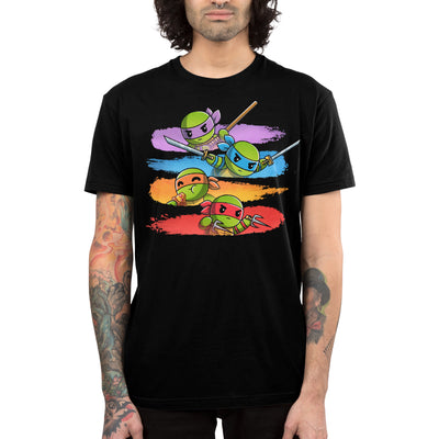 Premium Cotton T-shirt_TeeTurtle black Colorful Teenage Mutant Ninja Turtles apparel featuring Donatello, Leonardo, and Raphael wielding their respective weapons, and Michelangelo eating pizza with individual backgrounds of color-coordinated brush strokes.