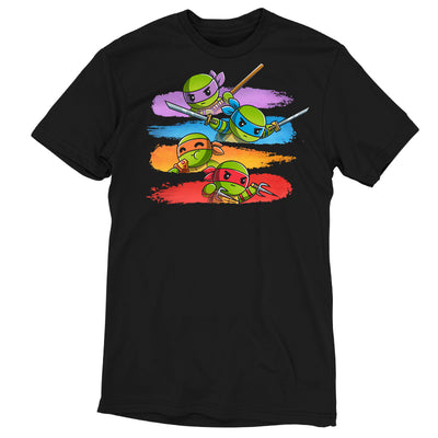 Premium Cotton T-shirt_TeeTurtle black Colorful Teenage Mutant Ninja Turtles apparel featuring Donatello, Leonardo, and Raphael wielding their respective weapons, and Michelangelo eating pizza with individual backgrounds of color-coordinated brush strokes.