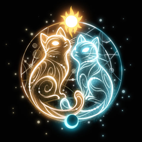 Premium Cotton T-shirt_TeeTurtle black Cosmic Whiskers apparel featuring a golden cat with celestial swirls and a white cat with celestial swirls facing each other with a celestial circle behind them, the sun on top, and the moon below.
