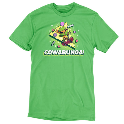 Premium Cotton T-shirt_TeeTurtle apple green Cowabunga! apparel featuring Michelangelo from Teenage Mutant Ninja Turtles on a skateboard with retro 90’s graphics in the background.