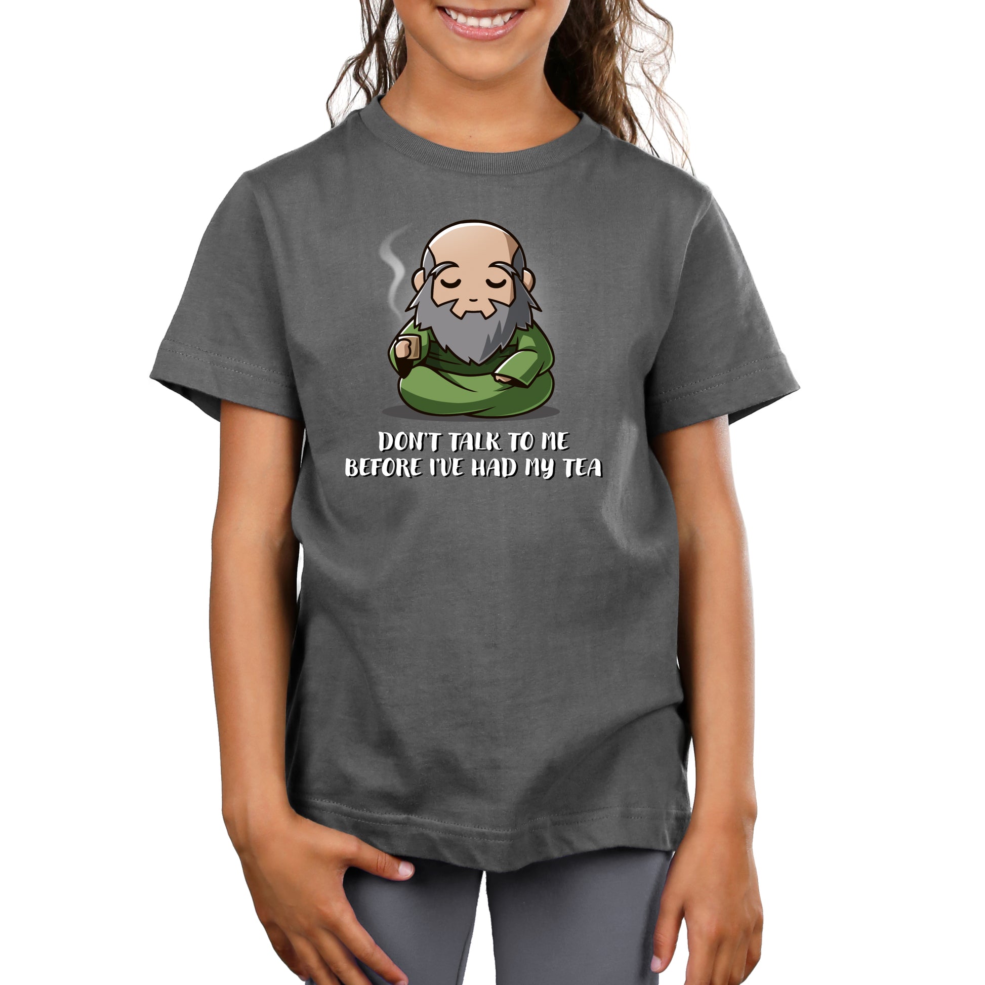 Premium Cotton T-shirt_TeeTurtle charcoal gray Don't Talk To Me Before I've Had My Tea apparel featuring Iroh sitting down with a calm expression and holding a steaming mug of tea.