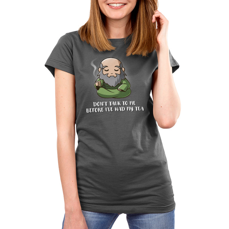 Premium Cotton T-shirt_TeeTurtle charcoal gray Don't Talk To Me Before I've Had My Tea apparel featuring Iroh sitting down with a calm expression and holding a steaming mug of tea.