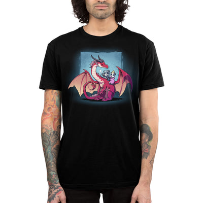 Premium Cotton T-shirt_TeeTurtle black Dragon Ride apparel featuring a panda knight, and panda princess riding the back of a smiling red dragon that’s turned towards them with a sky blue square in the background.