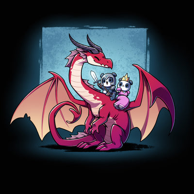 Premium Cotton T-shirt_TeeTurtle black Dragon Ride apparel featuring a panda knight, and panda princess riding the back of a smiling red dragon that’s turned towards them with a sky blue square in the background.