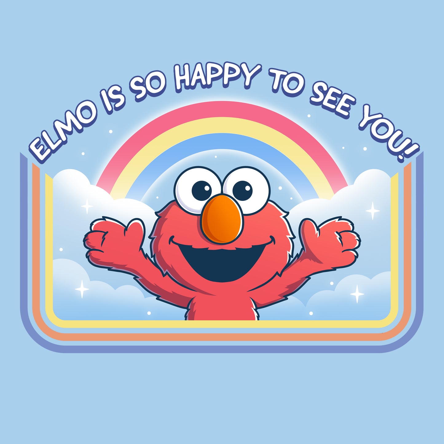 Premium Cotton T-shirt_TeeTurtle light blue Elmo Is So Happy To See You Premium Cotton T-shirt featuring Elmo from Sesame Street. He's smiling and has his arms wide as if he's going in for a hug. There's a rainbow and clouds behind him and  there is a retro style border along the sides and bottom. At the top is the text "Elmo Is So Happy To See You." 