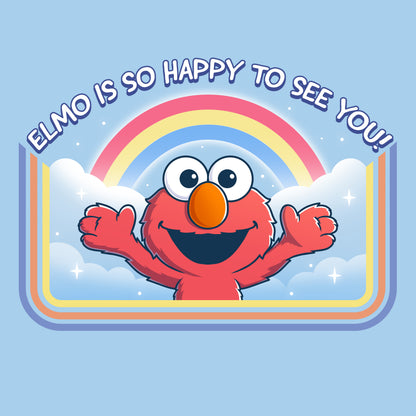 Premium Cotton T-shirt_TeeTurtle light blue Elmo Is So Happy To See You Premium Cotton T-shirt featuring Elmo from Sesame Street. He's smiling and has his arms wide as if he's going in for a hug. There's a rainbow and clouds behind him and  there is a retro style border along the sides and bottom. At the top is the text "Elmo Is So Happy To See You." 