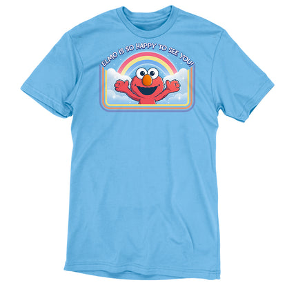 Premium Cotton T-shirt_TeeTurtle light blue Elmo Is So Happy To See You Premium Cotton T-shirt featuring Elmo from Sesame Street. He's smiling and has his arms wide as if he's going in for a hug. There's a rainbow and clouds behind him and  there is a retro style border along the sides and bottom. At the top is the text "Elmo Is So Happy To See You." 