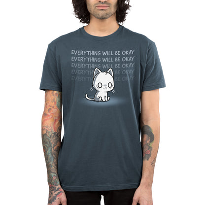 Premium Cotton T-shirt_TeeTurtle denim blue Everything Will Be Okay apparel featuring a white sitting cat with an anxious, shell-shocked expression and the caption, “Everything Will Be Okay“ repeated in the background.