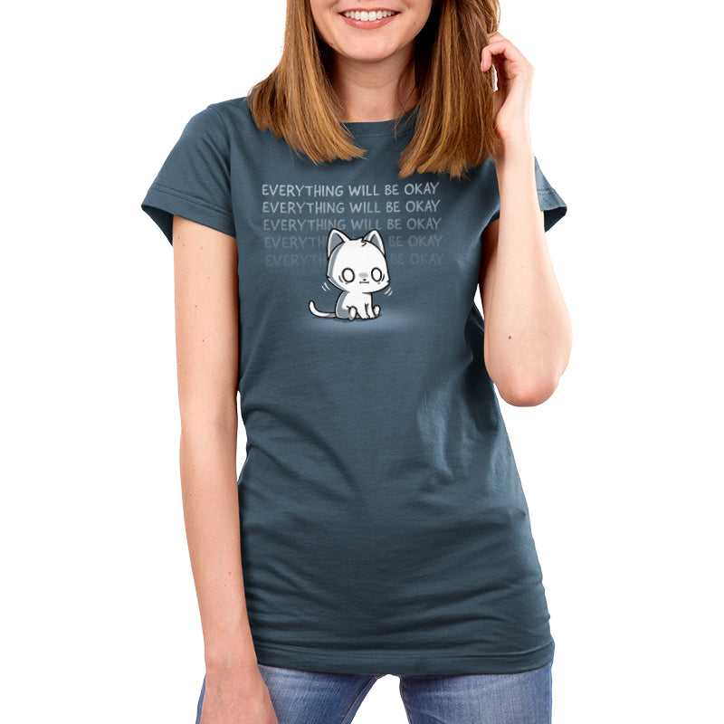 Premium Cotton T-shirt_TeeTurtle denim blue Everything Will Be Okay apparel featuring a white sitting cat with an anxious, shell-shocked expression and the caption, “Everything Will Be Okay“ repeated in the background.