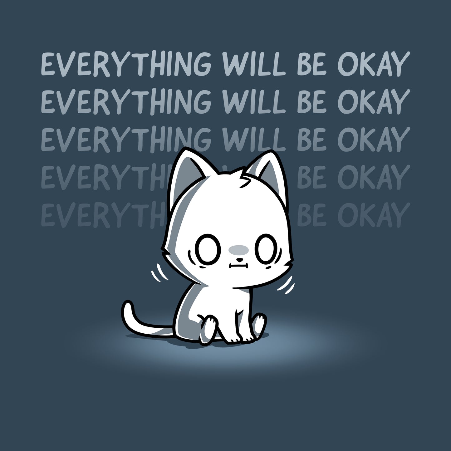 Premium Cotton T-shirt_TeeTurtle denim blue Everything Will Be Okay apparel featuring a white sitting cat with an anxious, shell-shocked expression and the caption, “Everything Will Be Okay“ repeated in the background.
