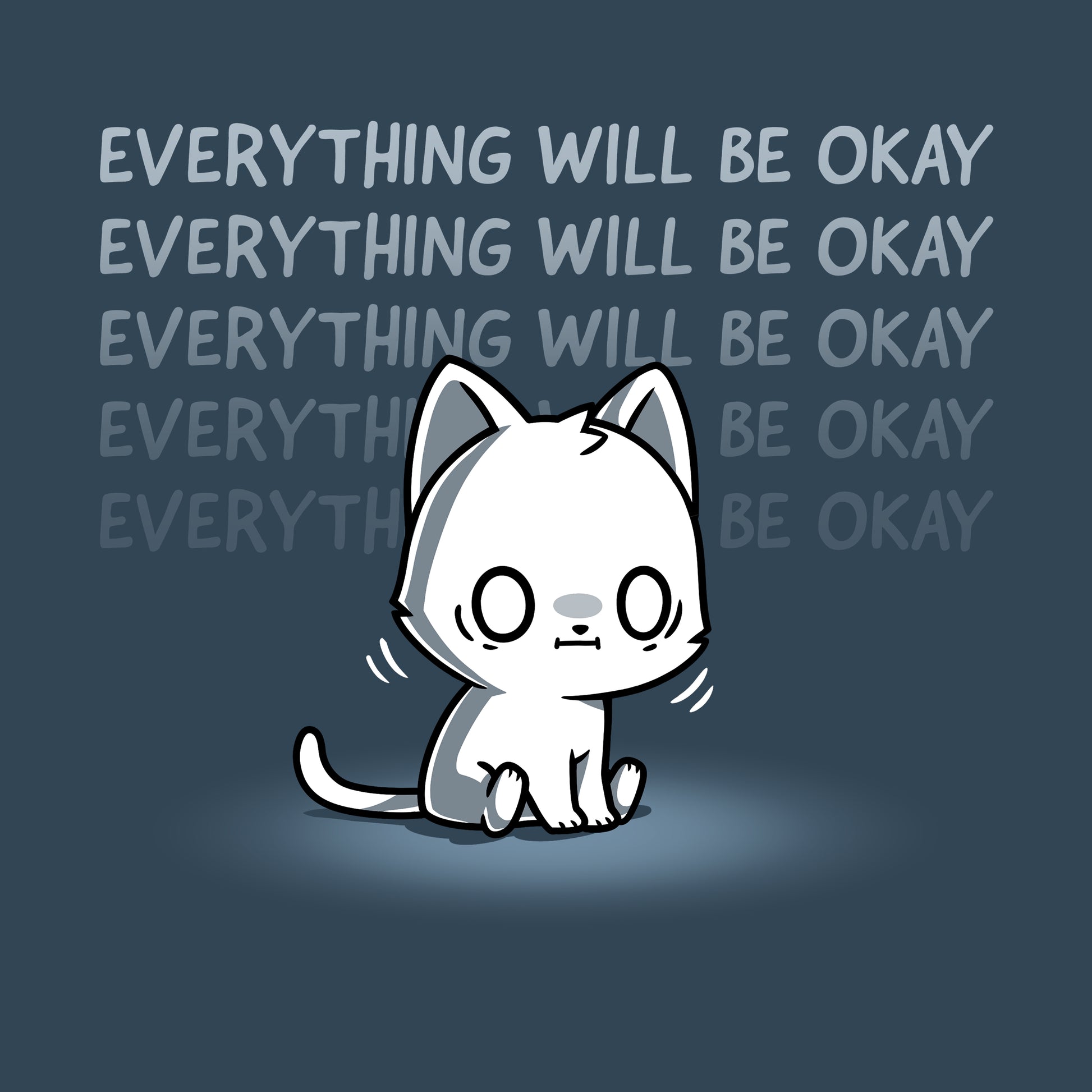 Premium Cotton T-shirt_TeeTurtle denim blue Everything Will Be Okay apparel featuring a white sitting cat with an anxious, shell-shocked expression and the caption, “Everything Will Be Okay“ repeated in the background.