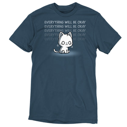 Premium Cotton T-shirt_TeeTurtle denim blue Everything Will Be Okay apparel featuring a white sitting cat with an anxious, shell-shocked expression and the caption, “Everything Will Be Okay“ repeated in the background.