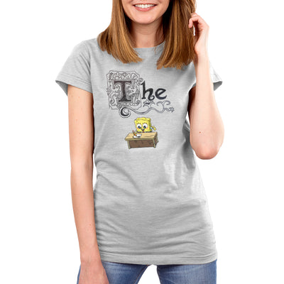 Premium Cotton T-shirt_TeeTurtle silver gray SpongeBob's Essay apparel featuring SpongeBob sitting at a desk with a pencil writing his essay, with the word, “The” decorated with many flourishes on top.