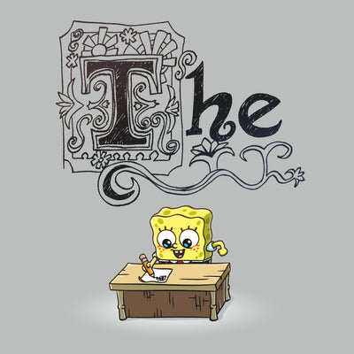 Premium Cotton T-shirt_TeeTurtle silver gray SpongeBob's Essay apparel featuring SpongeBob sitting at a desk with a pencil writing his essay, with the word, “The” decorated with many flourishes on top.