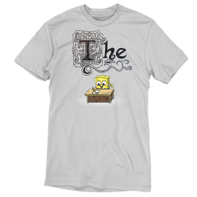 Premium Cotton T-shirt_TeeTurtle silver gray SpongeBob's Essay apparel featuring SpongeBob sitting at a desk with a pencil writing his essay, with the word, “The” decorated with many flourishes on top.