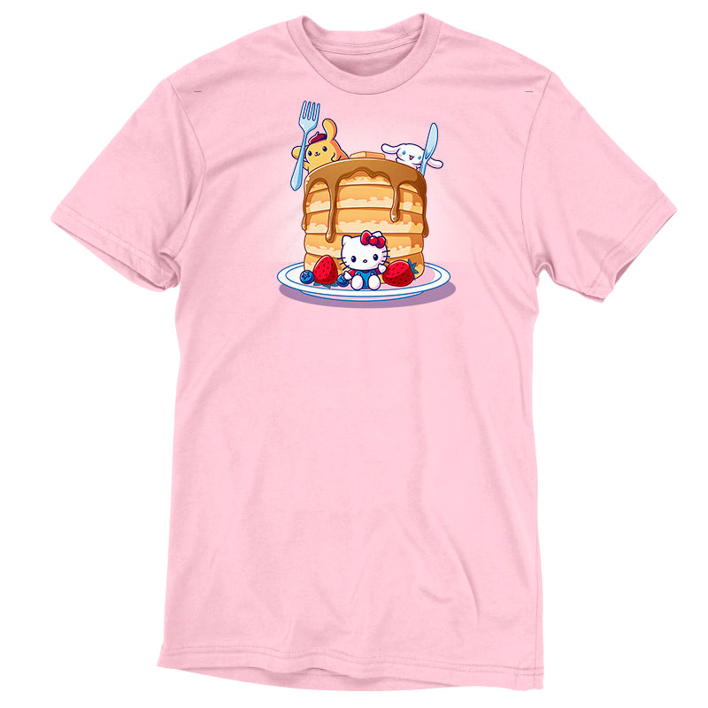 Premium Cotton T-shirt_TeeTurtle light pink Flapjacks and Friends apparel featuring Hello Kitty sitting in the middle of some strawberries and blueberries, Cinnamoroll holding a giant knife, and Pompompurin holding a giant fork with a giant stack of pancakes.