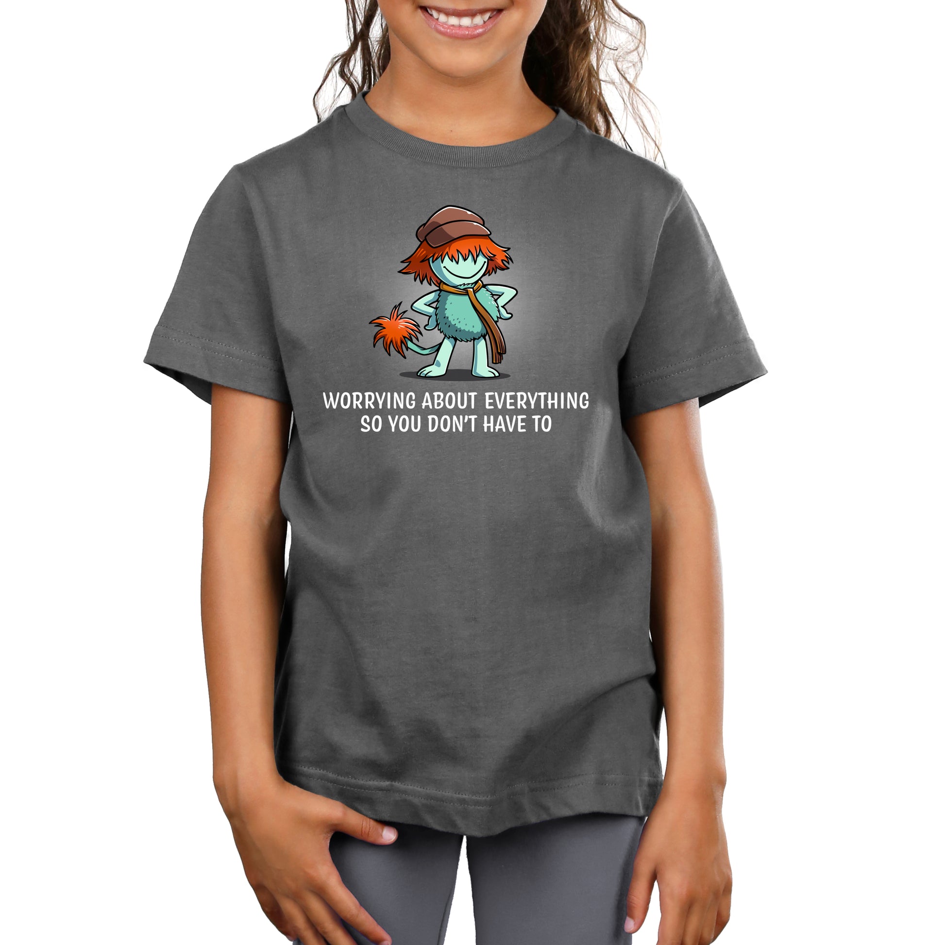 Premium Cotton T-shirt_TeeTurtle charcoal gray Worrying About Everything apparel featuring Boober from Fraggle Rock with his hands on his hips, and the caption, “Worrying About Everything So You Don’t Have To“.