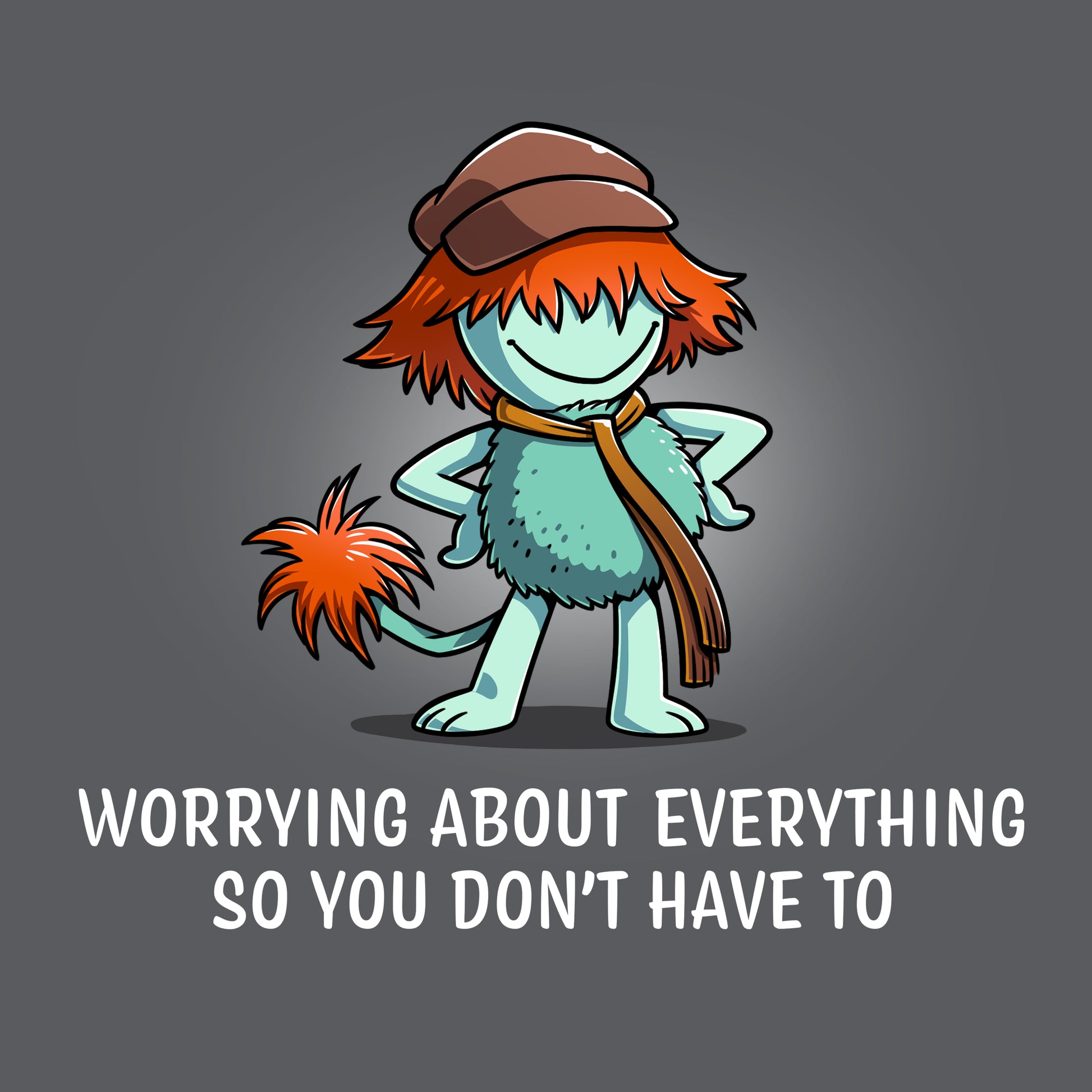 Premium Cotton T-shirt_TeeTurtle charcoal gray Worrying About Everything apparel featuring Boober from Fraggle Rock with his hands on his hips, and the caption, “Worrying About Everything So You Don’t Have To“.