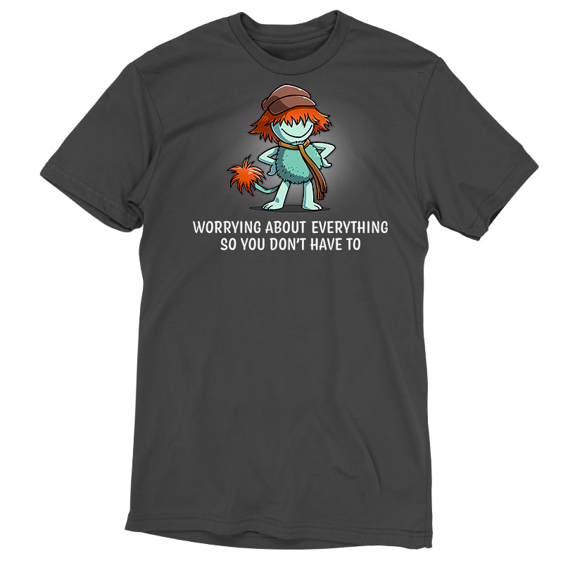 Premium Cotton T-shirt_TeeTurtle charcoal gray Worrying About Everything apparel featuring Boober from Fraggle Rock with his hands on his hips, and the caption, “Worrying About Everything So You Don’t Have To“.