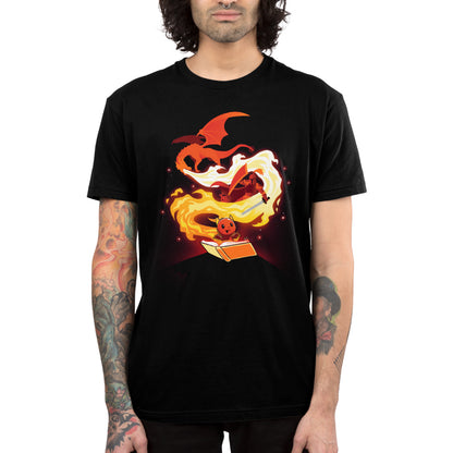 Premium Cotton T-shirt_TeeTurtle Get Lost black t-shirt featuring a red knight trying to slay a red, fire breathing dragon overhead that is spewing a spiraling flame, with a smaller red dragon holding a book smiling at the bottom.