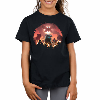 Premium Cotton T-shirt_TeeTurtle black Godzilla and Mothra Rampage apparel featuring Godzilla rampaging around a burning city with Mothra floating in the sky in front of a full moon.