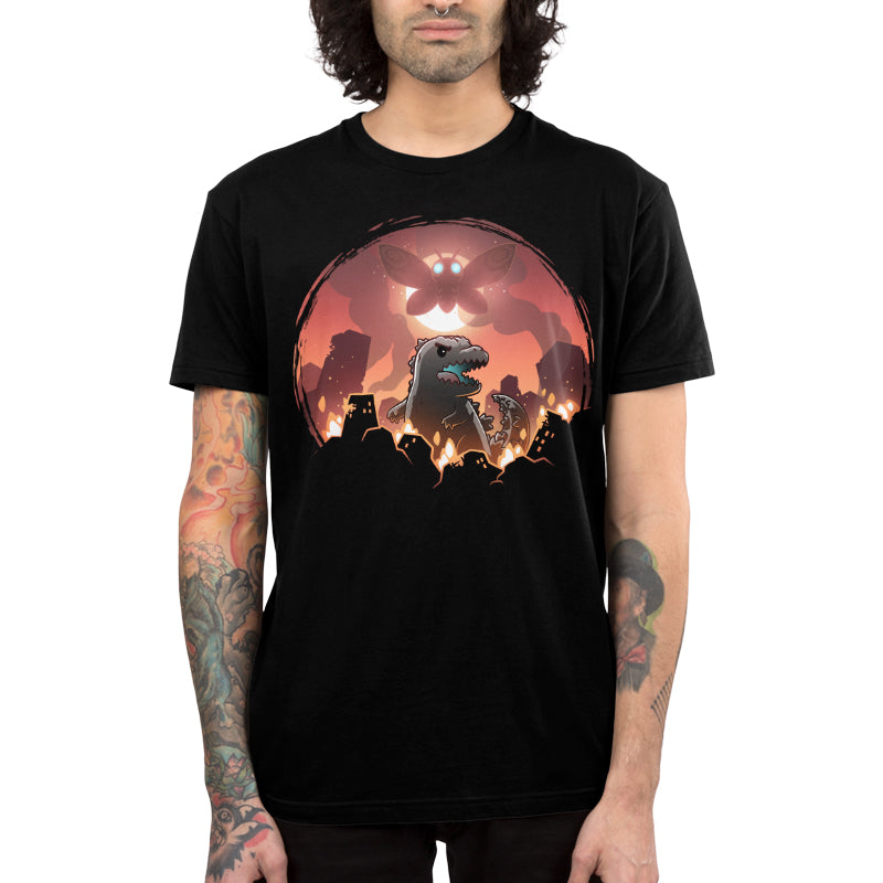 Premium Cotton T-shirt_TeeTurtle black Godzilla and Mothra Rampage apparel featuring Godzilla rampaging around a burning city with Mothra floating in the sky in front of a full moon.