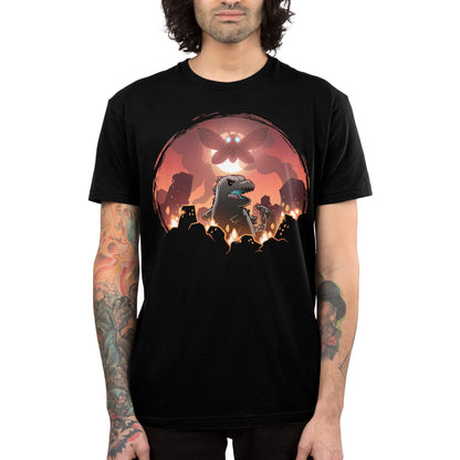 Premium Cotton T-shirt_TeeTurtle black Godzilla and Mothra Rampage apparel featuring Godzilla rampaging around a burning city with Mothra floating in the sky in front of a full moon.