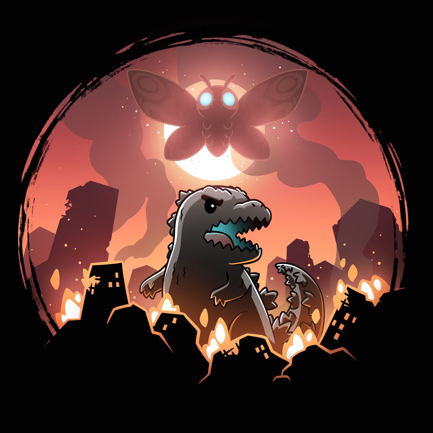 Premium Cotton T-shirt_TeeTurtle black Godzilla and Mothra Rampage apparel featuring Godzilla rampaging around a burning city with Mothra floating in the sky in front of a full moon.