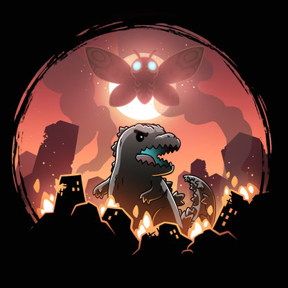 Premium Cotton T-shirt_TeeTurtle black Godzilla and Mothra Rampage apparel featuring Godzilla rampaging around a burning city with Mothra floating in the sky in front of a full moon.
