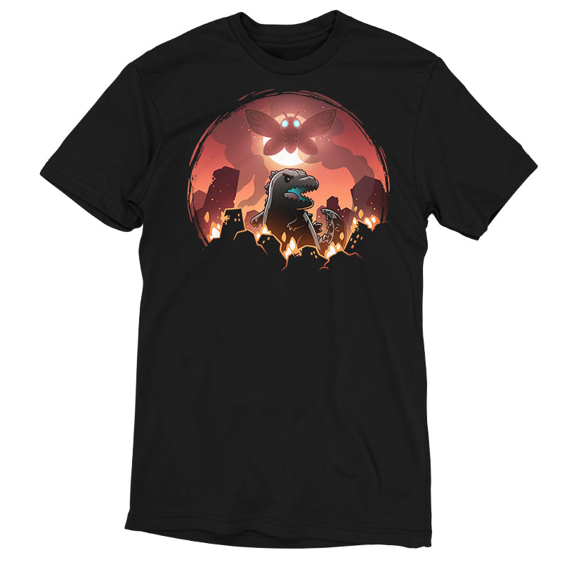 Premium Cotton T-shirt_TeeTurtle black Godzilla and Mothra Rampage apparel featuring Godzilla rampaging around a burning city with Mothra floating in the sky in front of a full moon.