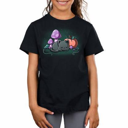 Premium Cotton T-shirt_TeeTurtle black Harvest Haze apparel featuring a black cat sleeping among a pumpkin and purple mushrooms.