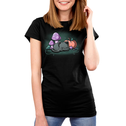 Premium Cotton T-shirt_TeeTurtle black Harvest Haze apparel featuring a black cat sleeping among a pumpkin and purple mushrooms.