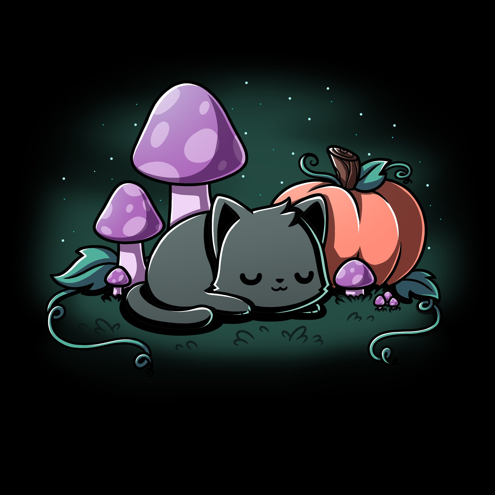 Premium Cotton T-shirt_TeeTurtle black Harvest Haze apparel featuring a black cat sleeping among a pumpkin and purple mushrooms.