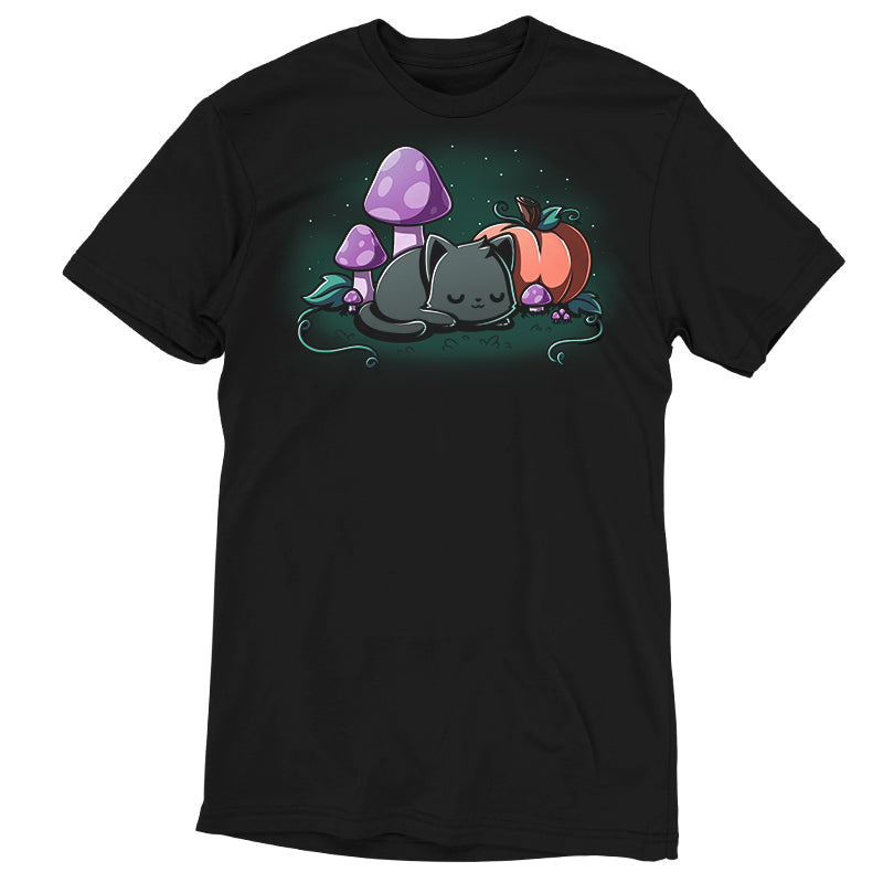 Premium Cotton T-shirt_TeeTurtle black Harvest Haze apparel featuring a black cat sleeping among a pumpkin and purple mushrooms.
