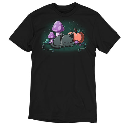 Premium Cotton T-shirt_TeeTurtle black Harvest Haze apparel featuring a black cat sleeping among a pumpkin and purple mushrooms.
