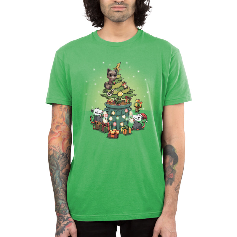 Premium Cotton T-shirt - featuring a raccoon, 2 opossums, and 2 rats decorating a Christmas tree with presents and foot scraps inside a trash can