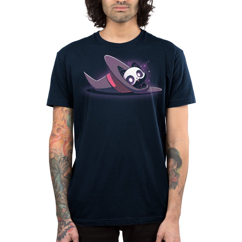 Premium Cotton T-shirt_TeeTurtle navy blue Hocus Purrcus apparel featuring a black cat with a skeleton mask peeking out of a purple witch hat lying on its side.