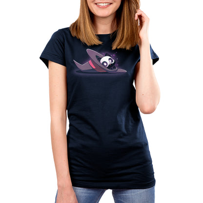 Premium Cotton T-shirt_TeeTurtle navy blue Hocus Purrcus apparel featuring a black cat with a skeleton mask peeking out of a purple witch hat lying on its side.