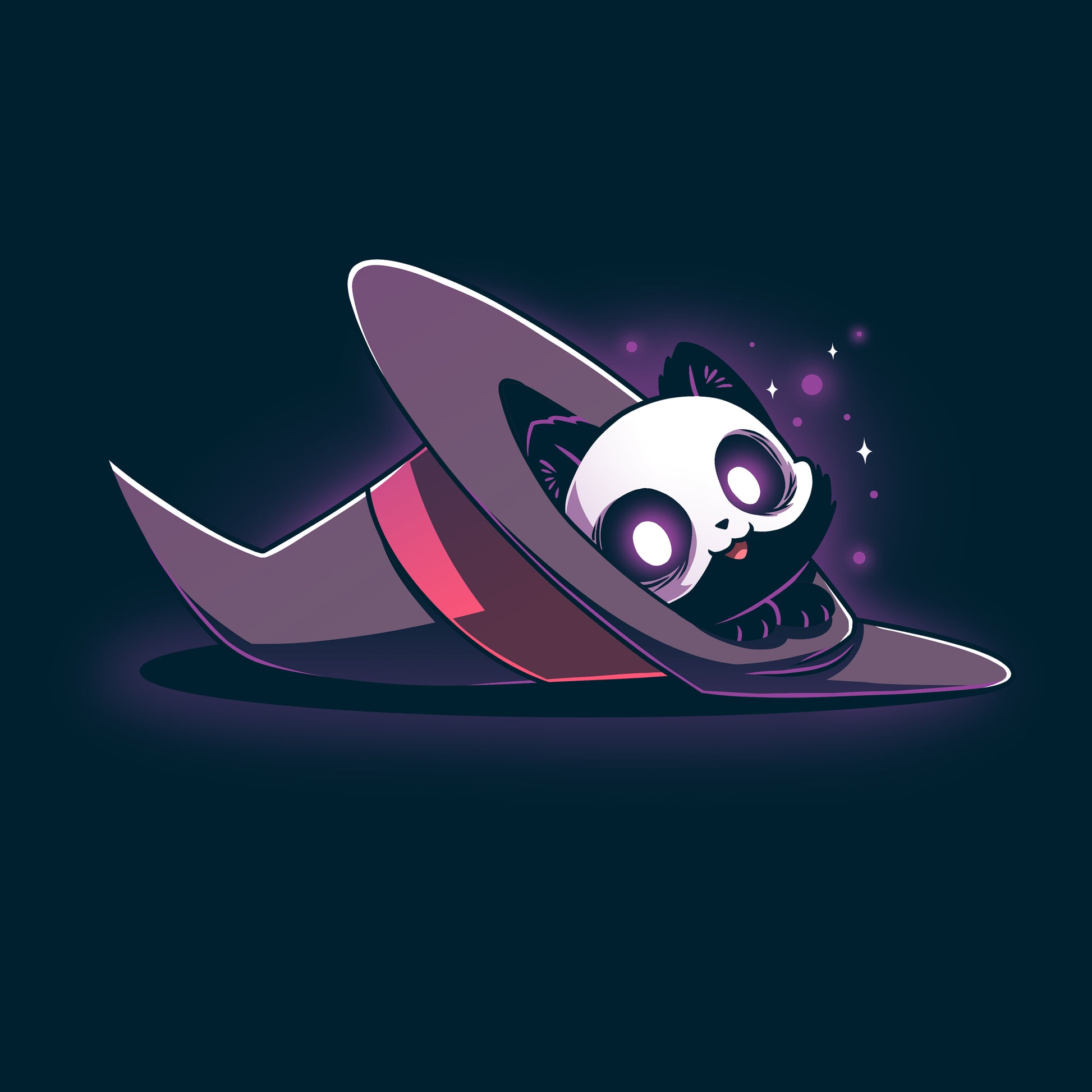 Premium Cotton T-shirt_TeeTurtle navy blue Hocus Purrcus apparel featuring a black cat with a skeleton mask peeking out of a purple witch hat lying on its side.