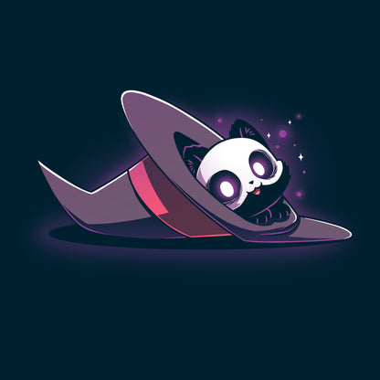 Premium Cotton T-shirt_TeeTurtle navy blue Hocus Purrcus apparel featuring a black cat with a skeleton mask peeking out of a purple witch hat lying on its side.